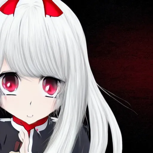 Prompt: white hair, red eyes, two small horn on the head, anime style, anime girl,