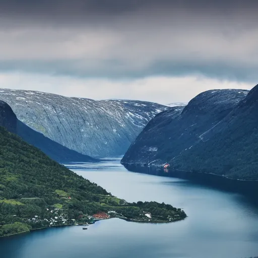 Prompt: A photo of a fjord in Norway. The sky is completely clear of clouds. Hyper realistic, 8k.