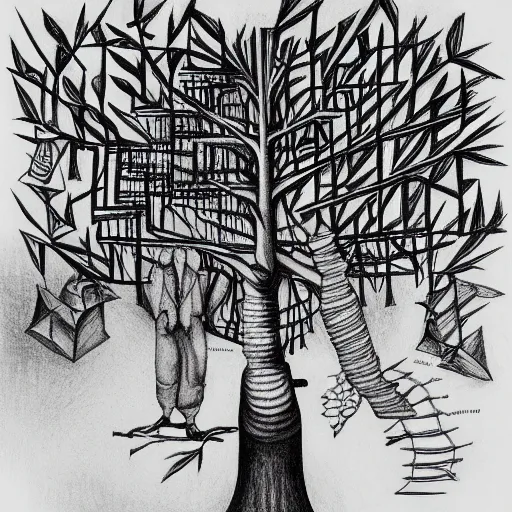 Image similar to the tree of knowledge bearing strange fruit by mc escher, line art, charcoal, ink drawing, illustration, color