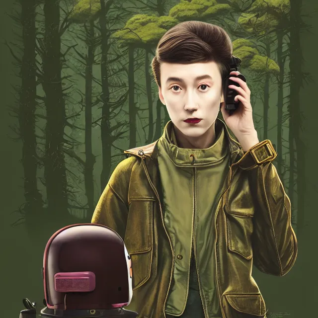 Image similar to portrait of alone androgynous girl wearing bakelite leather jacket, bakelite rocky mountains, moss green japanese haunted forest background, ultrafine hyperdetailed illustration by hsiao - ron cheng and artgerm, modular synthesizer 8 0 s sony stereo helmet backpack, the grand budapest hotel, glow, no crop, digital art, artstation, pop art