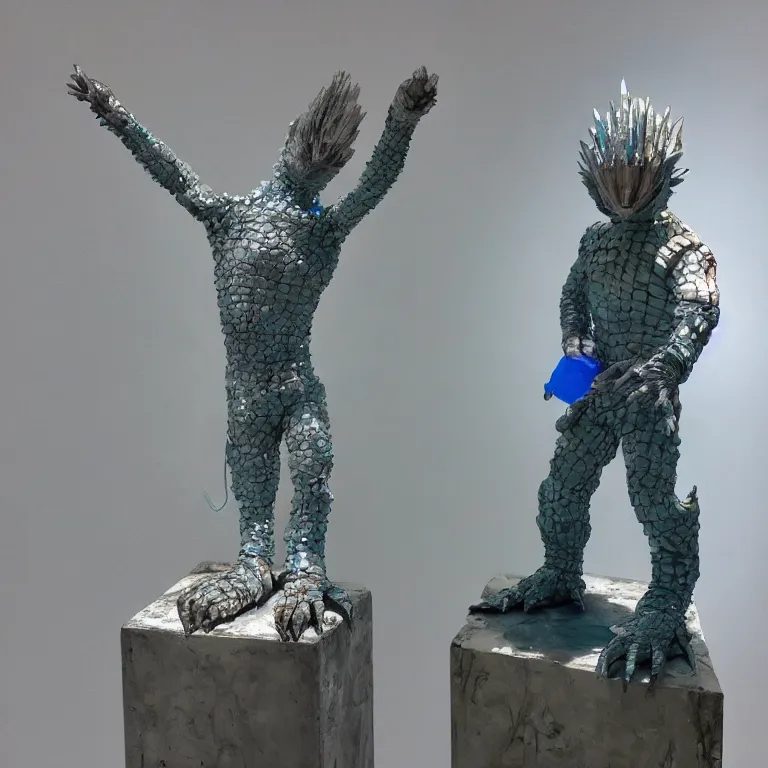 Image similar to hyperrealistic sculpture of a silver fossilized chibi ultraman kaiju dusted with opalescent blue spraypaint and ferns in a nylon grid cage on a pedestal by ron mueck and duane hanson and lee bontecou, hyperrealistic dramatic colored lighting trending on artstation 8 k