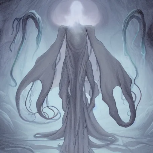 Image similar to concept designs for an ethereal ghostly wraith like figure with a squid like parasite latched onto its head and long tentacle arms that flow lazily but gracefully at its sides like a cloak while it floats around a frozen rocky tundra in the snow searching for lost souls and that hides amongst the shadows in the trees, this character has hydrokinesis and electrokinesis for the resident evil village video game franchise with inspiration from the franchise Bloodborne