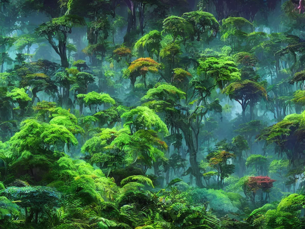 Prompt: a beautiful otherworldly fantasy landscape of dense lush ferns and evergreen trees in hyper detail like the pacific northwest, vivid glowing colors, extreme detail, studio ghibli and pixar and abzu, rendering, cryengine, deep colors, aerial perspective, epic scale, vray render, cgsociety