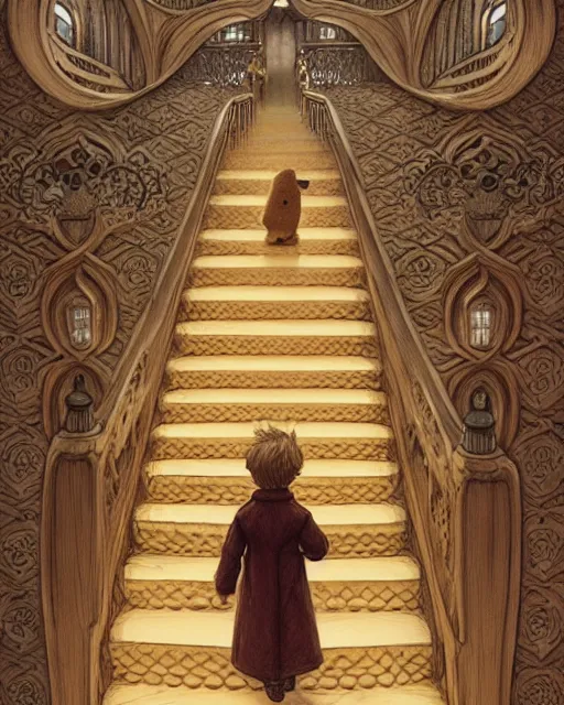 Prompt: the little prince on staircase at livraria lello, real life skin, intricate, highly detailed, artstation, concept art, smooth, sharp focus, art by artgerm and greg rutkowski