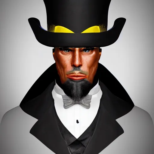 Image similar to a highly detailed portrait of a man in a high top hat covering his face, in a black tailcoat with a yellow waistcoat under the tailcoat, artstation, deviantart, professional, unreal engine 5, photorealistic