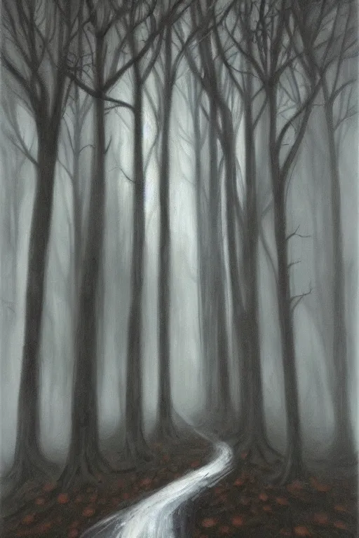 Image similar to dark haunted woods. pan's labyrinth style, atmospheric, foggy, oil painting on canvas. fairytale