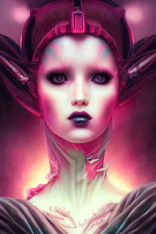 Image similar to a dramatic lighting photo of an elegant alien queen, vaporwave colors, goth vibe, kawaii vibe, moody aesthetic, artgerm, tom bagshaw, gerald brom,