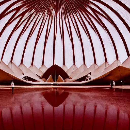 Image similar to eerie dark interior of a futuristic lotus temple with gold, red and white marble panels, shafts of sunlight in the centre, in the desert, by buckminster fuller and syd mead, intricate contemporary architecture with art nouveau motifs, photo journalism, photography, cinematic, national geographic photoshoot