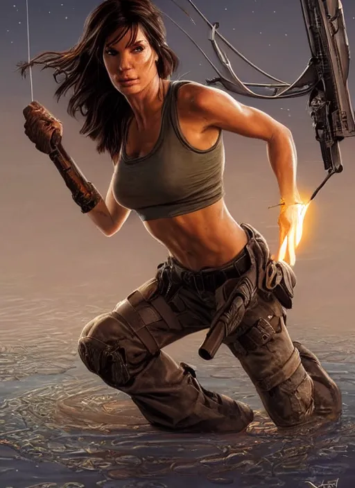 Image similar to Sandra Bullock as Lara Croft as a ruggedly handsome heroine kneeling next to a glowing artifact lodged in shallow water, intricate, elegant, highly detailed, artstation, concept art, smooth, sharp focus, illustration, bokeh art by artgerm and donato giancola and Joseph Christian Leyendecker, WLOP, fireflies