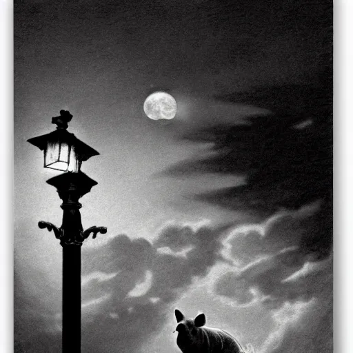 Prompt: pig in a tuxedo, illustration by Gustave Doré, moon, clouds, street lamp, high detail, eerie, street lamp, barn, creepy, dark, night, misty, moon, chiaroscuro, film noir