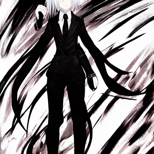 Image similar to Fullbody character design of an anime girl with white hair and black eyes wearing three piece suit in the style of Yoshitaka Amano and Final Fantasy drawn with broad brush strokes and with an abstract black and white background, film grain effect, expressive brush strokes