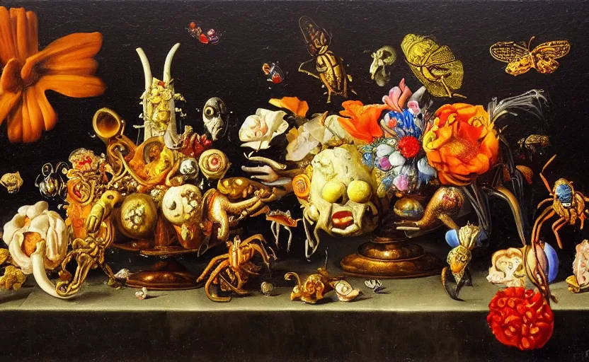 Image similar to disturbing colorful oil painting dutch golden age vanitas still life mutantflowers with bizarre objects strange gooey surfaces shiny metal bizarre insects meat rachel ruysch dali todd schorr very detailed perfect composition rule of thirds masterpiece
