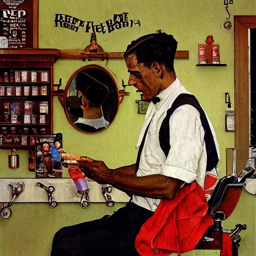 Prompt: pepe the frog at the barbershop by norman rockwell