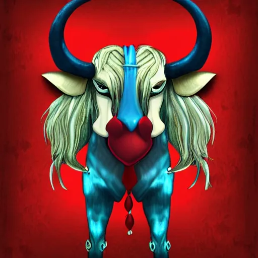 Image similar to well dressed minotaur with blue flaming eyes, digital art