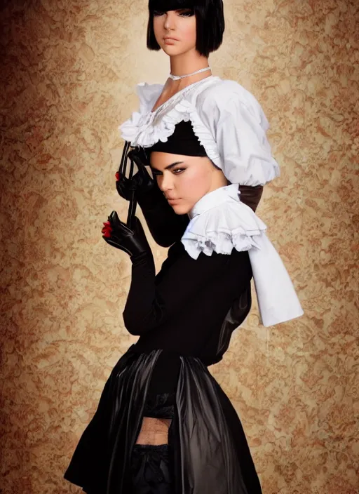 Image similar to kendall jenner in 2 b cosplay victorian maid studio lighting cinematic photoshoot