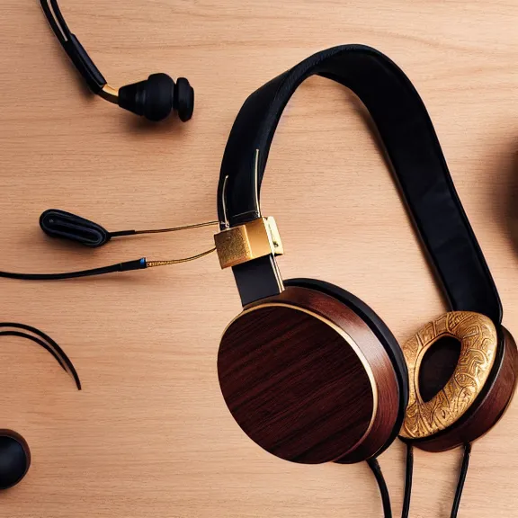 Prompt: beautiful well designed high fidelity meze classics headphones, gold metal, wood cups, leather padding, braided cable, on mahogany desk, modernist headphones, wood headphones hyperrealistic, audiophile, intricate hyper detail, extreme high quality, photographic, meze audio, sennheiser, hifiman