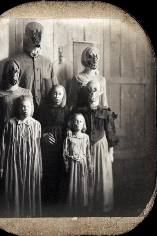 Prompt: an unsettling old family photograph, anxious people standing in a large haunted house, phantom ghosts in the background, cinematic, horror, photorealistic, vintage,