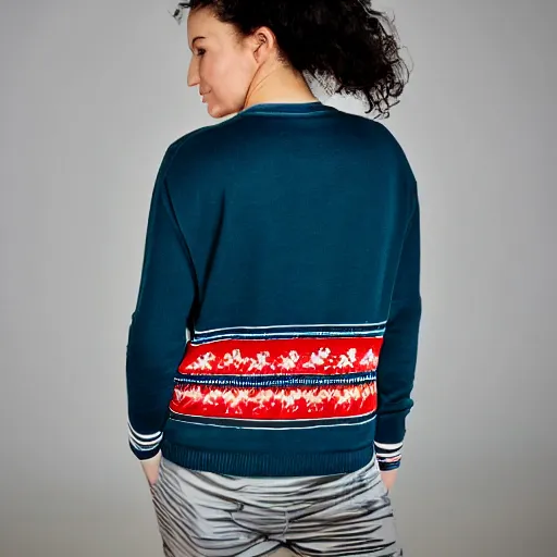 Image similar to an advertisement photo of a sweater with amsterdam sewn onto it