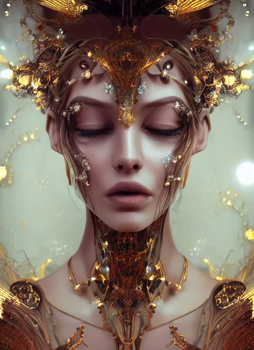 Image similar to beauteous practical sumptuous tattood beautiful face, crystal, gold, copper, bronze biomechanical with incredible iridescent pearlescent voluminous neon hair, crystalline masterpiece incrustations, hyperdetailed face, elegant pose, movie still, intricate, octane render, cinematic forest lighting, unreal engine, crepuscular rays, god rays