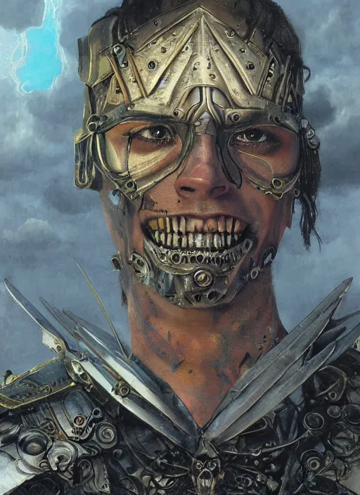 Prompt: symmetry! middle closeup chamber portrait of a biblical diabolical pirate!! girl! stylish cyborg armor, heavy eyes to the side, closeup, bright glowing eyes, in clouds, rain, sunset, by gerald brom, by mikhail vrubel, by peter elson, muted colors, extreme detail, mirrors, trending on artstation, 8 k