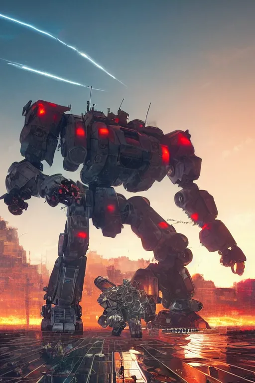 Image similar to A real photo of a Mechwarrior in battle stance, a sunset in the distance, by Josan Gonzalez, Yoji Shinkawa and Geof Darrow, highly detailed, Unreal Engine Render, lots of neon lights on the robot, 3D, 8k wallpaper, uplight