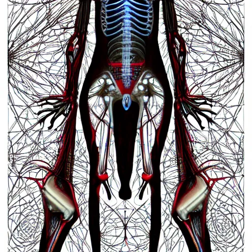 Prompt: long shot human robot made out of bones blood nerves cortex anatomical render in the style of alex grey hr giger grays anatomy, with an ornate fractal field background featuring psychedelic eyes