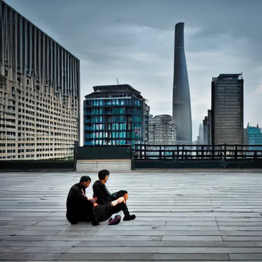 Image similar to a small rooftop with a couple of people sitting and watching the view, wearing black modern clothes, modern shanghai bund is on the background, sunset, by gregory crewdson