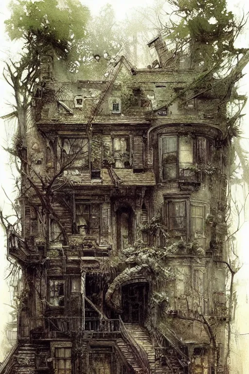 Image similar to (((((a ramshackle manhattan brownstone deep in the forest))))) by Jean-Baptiste Monge!!!!!!!!!!!!!!!!!!!!!!!!!!!