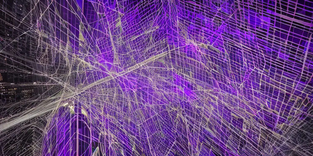 Image similar to abstract purple images representing connected cities and buildings, traffic with light trails, from different perspectives interesting or unusual angles, perspective that looks up at buildings from below, evening or night cityscapes of buildings and roads from aerial or elevated view, evening or night cityscapes captured from human eye level, abstract facades of buildings, urban city view with unique angles