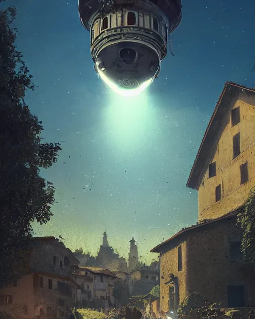 Image similar to ufo landing in italian medieval village, ultra realistic, lens flare, atmosphere, glow, detailed, intricate, full of colour, cinematic lighting, trending on artstation, 4 k, hyperrealistic, focused, extreme details, cinematic, masterpiece, by ismail inceoglu