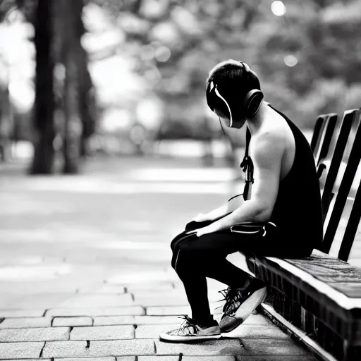 Prompt: a ninja with headphones sitting on a bench, high detail, black and white