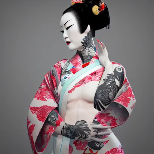 Image similar to an android geisha in a lotus position wearing a flowing kimono and tattoos, octane render, unreal engine, 8 k, cinematic, artwork by ilya kuvshinov