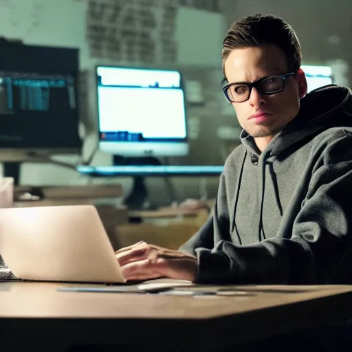 Image similar to dramatic still from Mr. Robot, A programmer expertly wrangling code late at night, intensely focused, coffee on his desk, highly detailed, sharp focus, cinematic lighting, hoodie