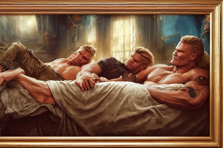 Prompt: portrait of dolph lundgren and slyvester stalone sleeping in bunk beds 1 9 9 4, an oil painting by ross tran and thomas kincade