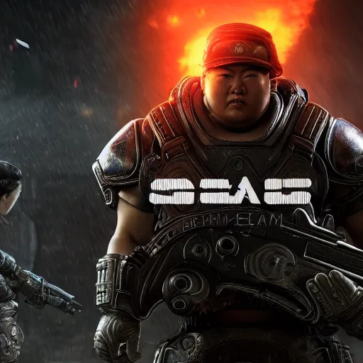 Prompt: kim - jong un in gears of war, splash art, movie still, detailed face, cinematic lighting, dramatic, octane render, long lens, shallow depth of field, bokeh, anamorphic lens flare, 8 k, hyper detailed, 3 5 mm film grain