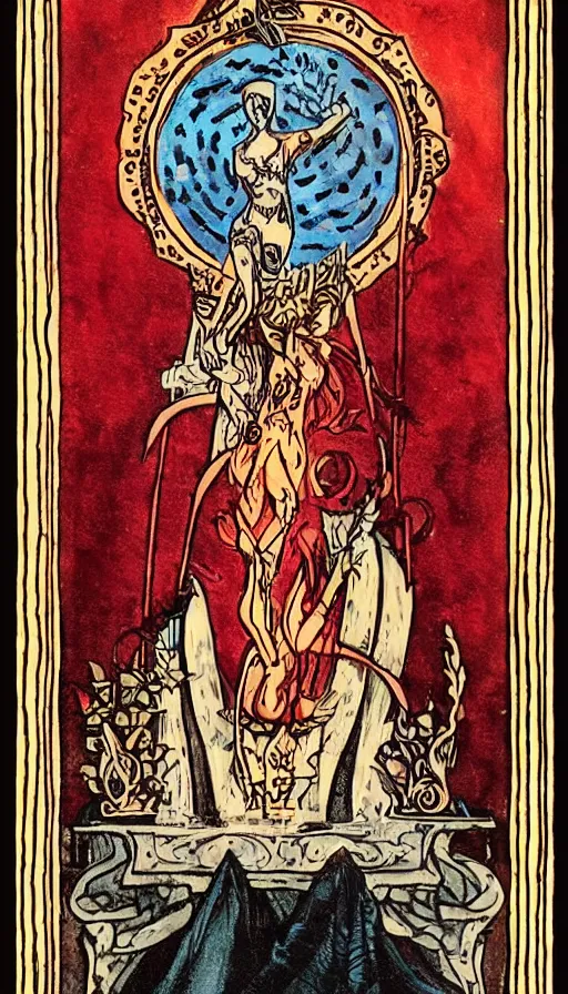 Prompt: symbolic Tarot Card design representing Arcanum XV, The Red Grail, symbolizing the birth and the feast, hunger, seduction, the drowning waters, desire, birth, seduction, and thirst, inhuman desirability, irresistible charisma