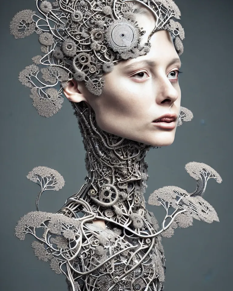 Prompt: surreal photo portrait of complex bio-mechanical beautiful young female vegetal-cyborg with a Mandelbrot fractal metal fine lace face, curled silver hair, 150 mm lens, soft rim light, fine metal floral foliage super big lace collar by Alexander McQueen, high fashion, haute couture, rococo, steampunk, silver filigree details, anatomical, facial muscles, cable wires, microchip, elegant, hyper realistic, octane render, unreal engine, in the style Dora Maar, volumetric lighting, 8k, vibrant reflective metallic coloring