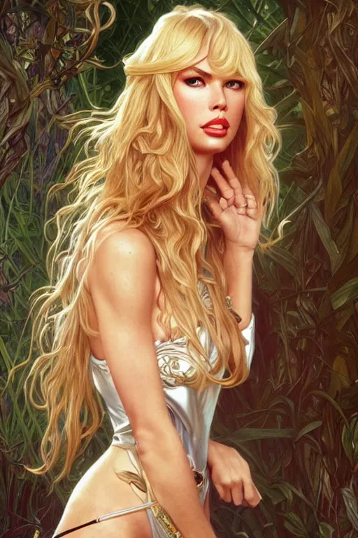 Prompt: a mix between claudia schiffer and taylor swift and britney spears and denise richards in wild things as a princess, fantasy, intricate, elegant, highly detailed, digital painting, artstation, concept art, matte, sharp focus, illustration, art by artgerm and greg rutkowski and alphonse mucha