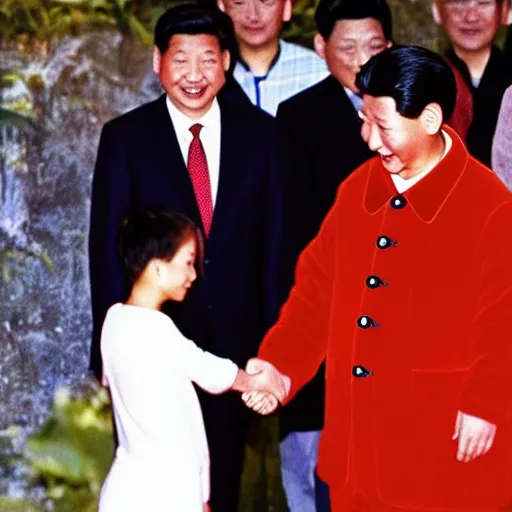 Image similar to winnie the pooh and xi jinping shaking hands in front of press