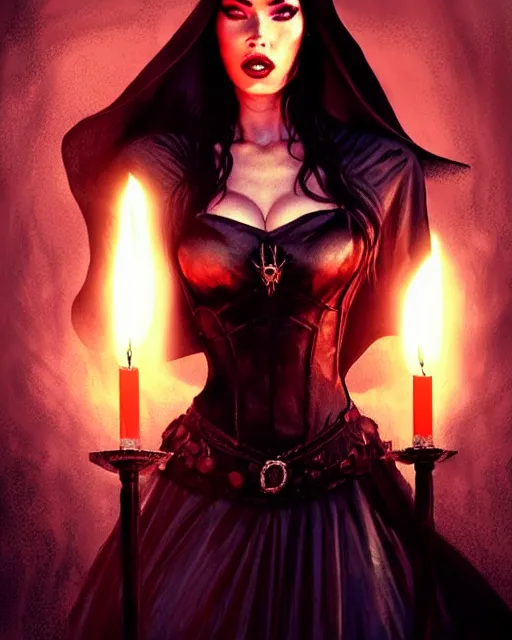 Prompt: megan fox witch queen, black eyes, blood, full body, intricate victorian dress, cinematic lighting, symmetrical eyes, rafael albuquerque, charlie bowater, frank frazetta, moody lighting, candles