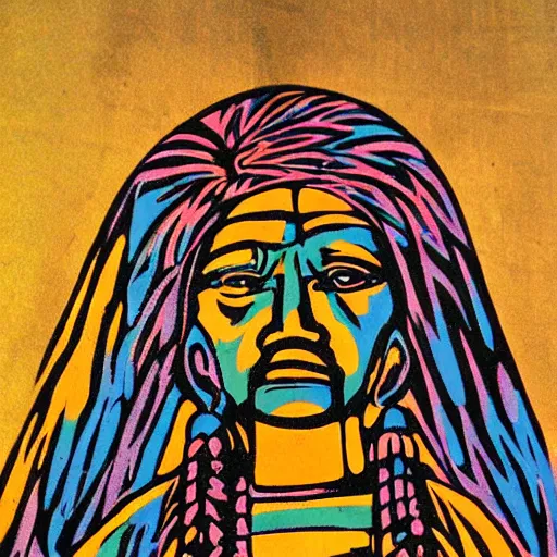 Prompt: colorfull woodcut, statue, character, by hopi indians