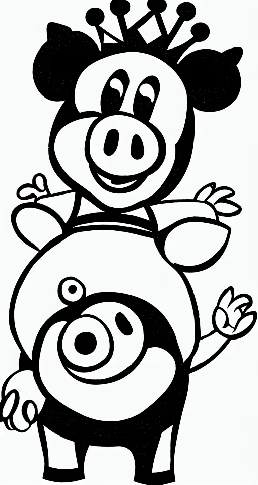 Image similar to cute cartoon pig wearing a crown, disney, early black and white cartoon animation, masterpiece, 8k
