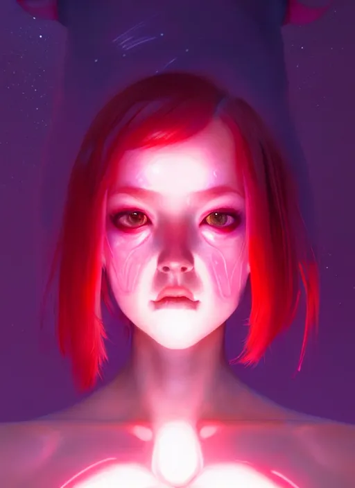 Image similar to portrait of alien girl kawaii, red short hair, jock, beefy, wide face, square jaw, square facial structure, intricate, elegant, glowing lights, highly detailed, digital painting, artstation, concept art, sharp focus, illustration, art by wlop, mars ravelo and greg rutkowski