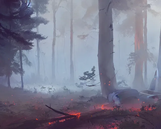 Image similar to a crashed airplane in a forest, smoke, smog, cloudy air, and fire. Forest swamp. Atmospheric lighting By Makoto Shinkai, Stanley Artgerm Lau, WLOP, Rossdraws, James Jean, Andrei Riabovitchev, Marc Simonetti, krenz cushart, Sakimichan, trending on ArtStation, digital art.