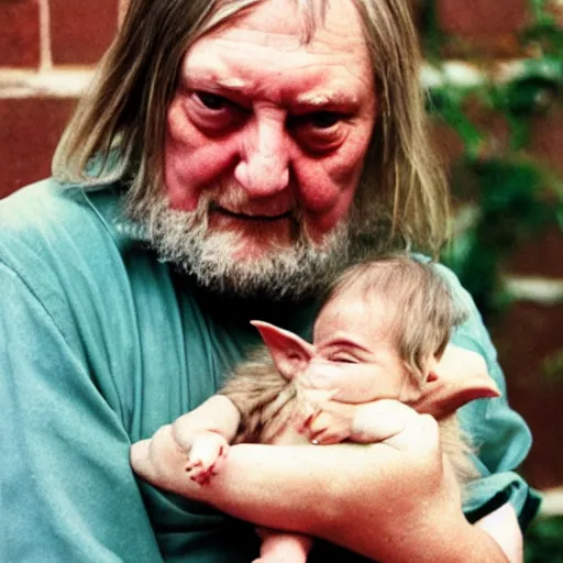 Prompt: robert wyatt cradling a goblin like a baby, photograph