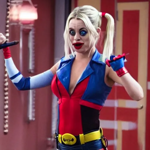 Image similar to A still of Kaley Cuoco as Harley Quinn, comics-accurate outfit