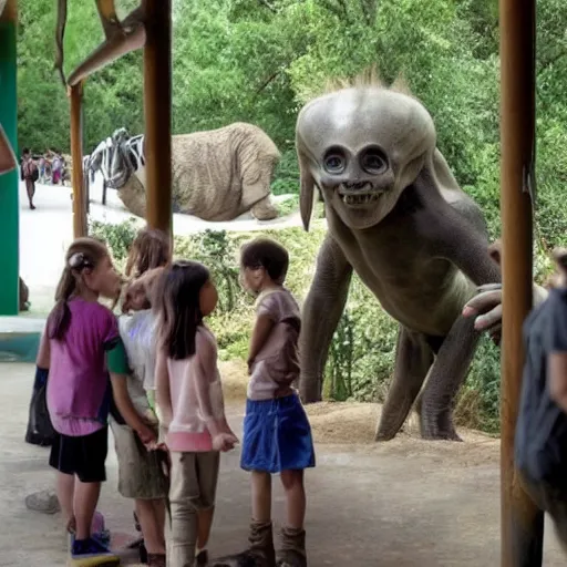 Prompt: a zoo where humans are exbit by aliens, aliens kids visit human in the zoo, shocking, sadness