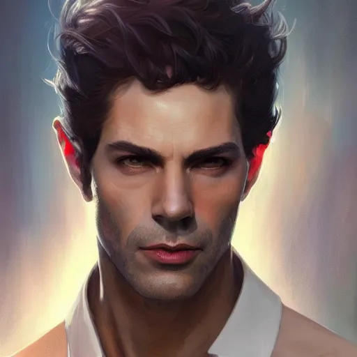 Image similar to portrait of Mark Margolis as Lucifer, elegant, intricate, headshot, highly detailed, digital painting, artstation, concept art, sharp focus, illustration, art by artgerm and greg rutkowski and alphonse mucha