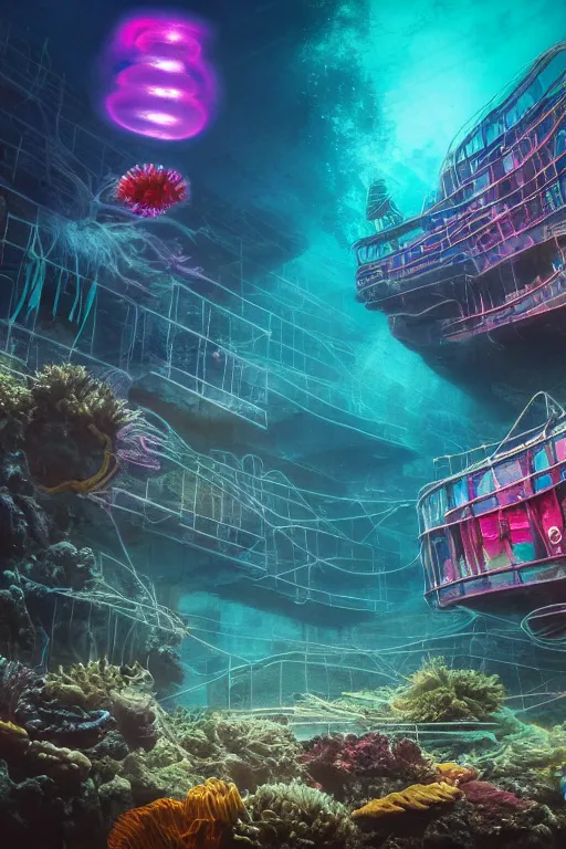 Image similar to high quality photo of cinematic underwater dystopian futurist city ruins with giant bioluminescent multicolored mutant fish and cyborg jellyfish, masterpiece, aykut aydogdu eric zener, very dramatic volumetric light, long shot, ground angle uhd 8 k, deep focus