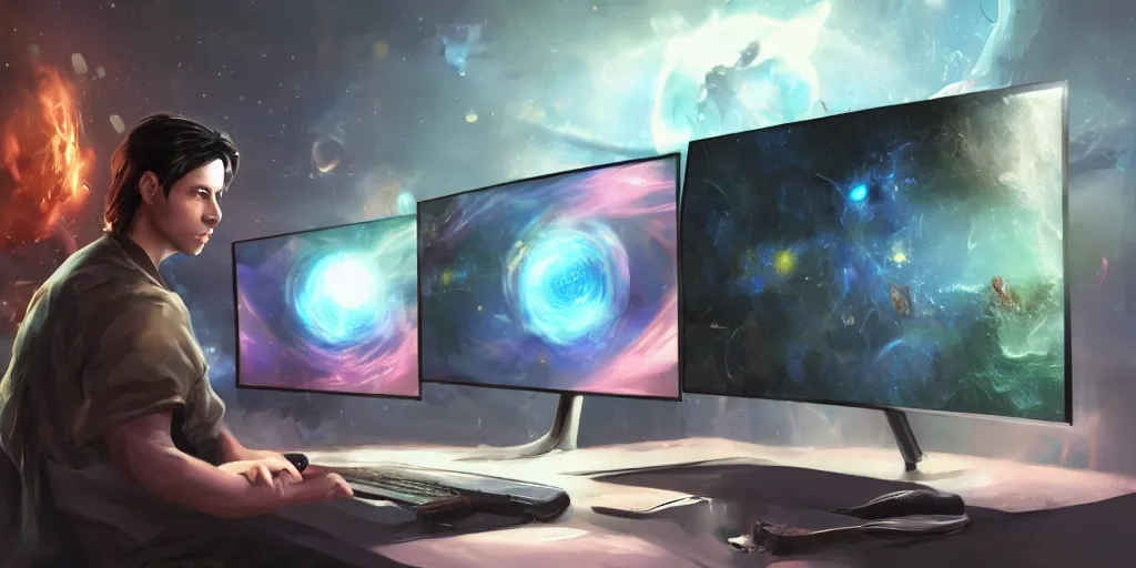 Prompt: a young mage creating a universe in his PC, a male mage in his 20s with black hair sitting in front of wide monitor, hands on a keyboard. hyperrealistic, extremely detailed, award-winning art, trending on Artstation